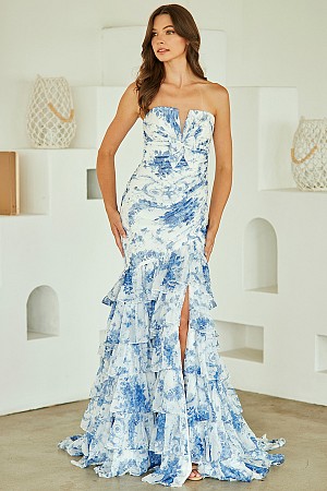 Strapless V Neckline Floral Pr ...